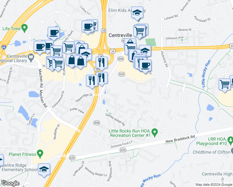 map of restaurants, bars, coffee shops, grocery stores, and more near 13994 Sawteeth Way in Centreville