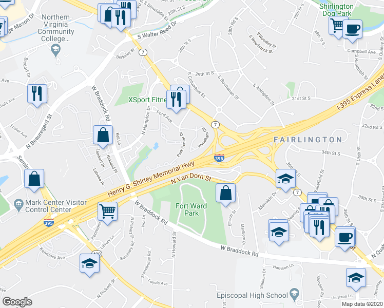 map of restaurants, bars, coffee shops, grocery stores, and more near 3309 Wyndham Circle in Alexandria