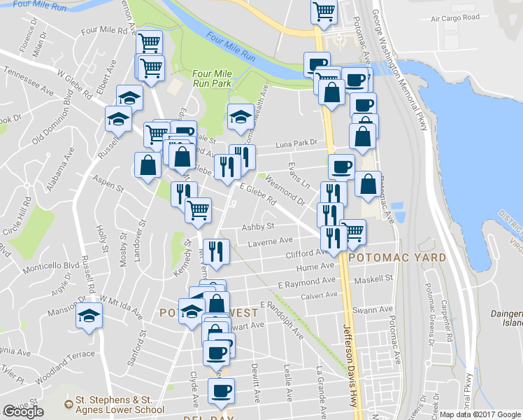 map of restaurants, bars, coffee shops, grocery stores, and more near 11 Auburn Court in Alexandria
