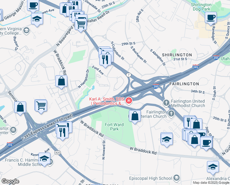 map of restaurants, bars, coffee shops, grocery stores, and more near 3309 Wyndham Circle in Alexandria