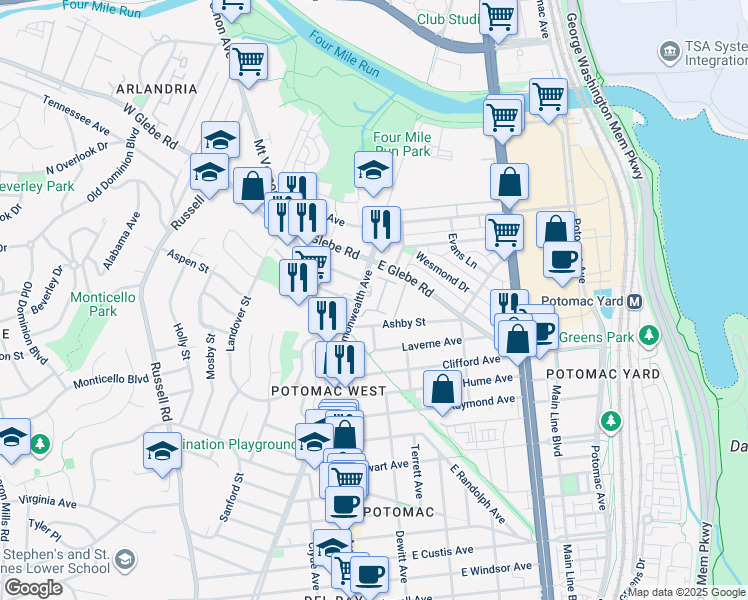 map of restaurants, bars, coffee shops, grocery stores, and more near 3311 Commonwealth Avenue in Alexandria