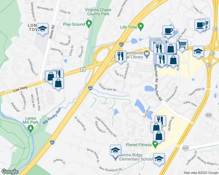 map of restaurants, bars, coffee shops, grocery stores, and more near 14528 Golden Oak Road in Centreville