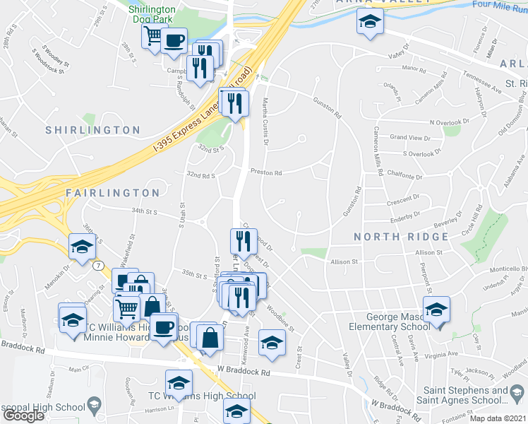 map of restaurants, bars, coffee shops, grocery stores, and more near 3272 Martha Custis Drive in Alexandria
