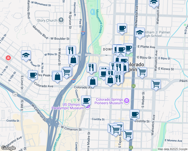 map of restaurants, bars, coffee shops, grocery stores, and more near 9 South Sierra Madre Street in Colorado Springs