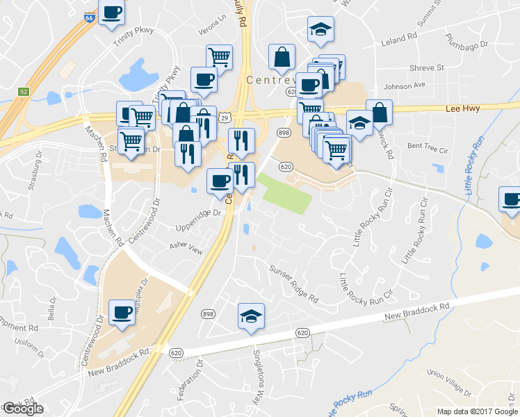 map of restaurants, bars, coffee shops, grocery stores, and more near 14018 Sawteeth Way in Centreville