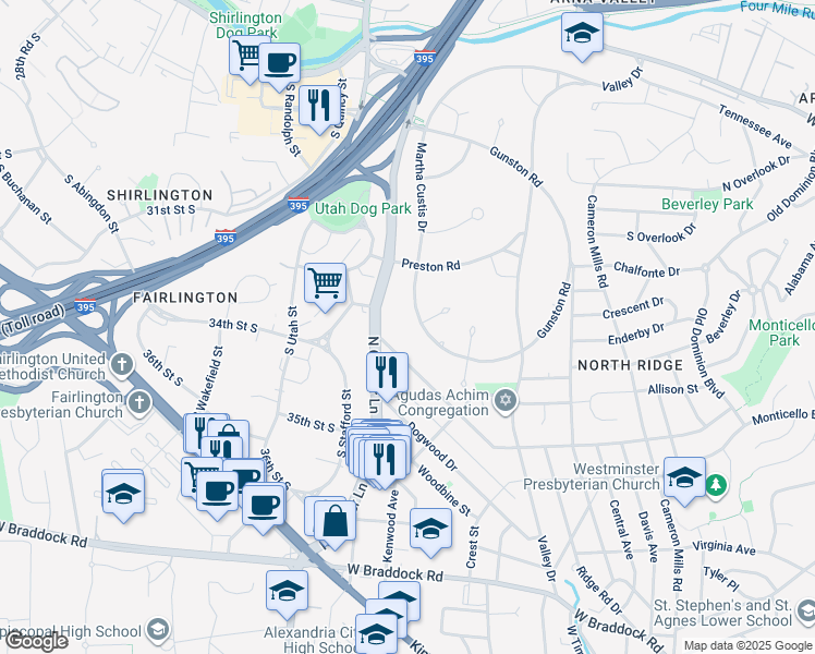 map of restaurants, bars, coffee shops, grocery stores, and more near 3272 Martha Custis Drive in Alexandria