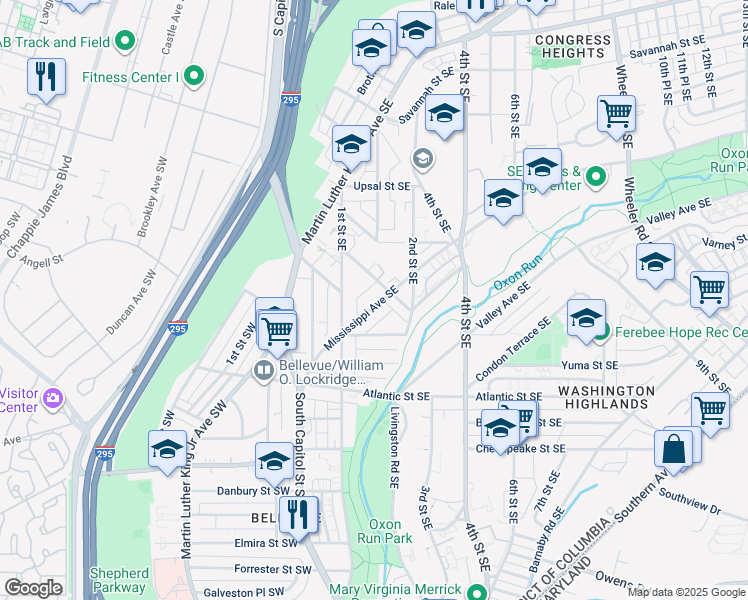map of restaurants, bars, coffee shops, grocery stores, and more near 138 Mississippi Avenue Southeast in Washington