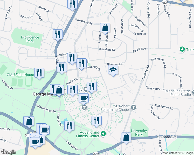 map of restaurants, bars, coffee shops, grocery stores, and more near 4408 Patriot Circle in Fairfax