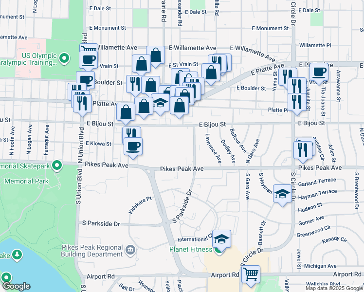 map of restaurants, bars, coffee shops, grocery stores, and more near 1156 East Pikes Peak Avenue in Colorado Springs