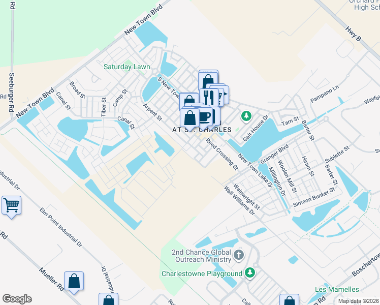 map of restaurants, bars, coffee shops, grocery stores, and more near 3200 Rue Royale Way in Saint Charles