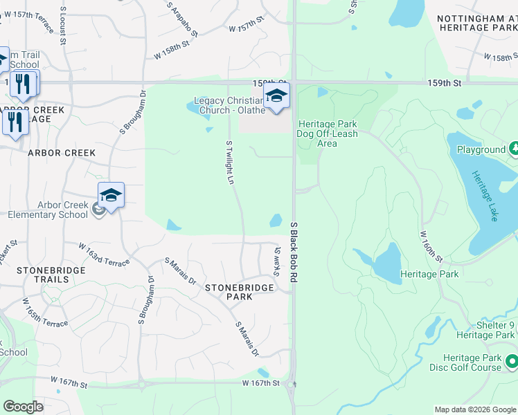 map of restaurants, bars, coffee shops, grocery stores, and more near 15368 West 163rd Terrace in Olathe