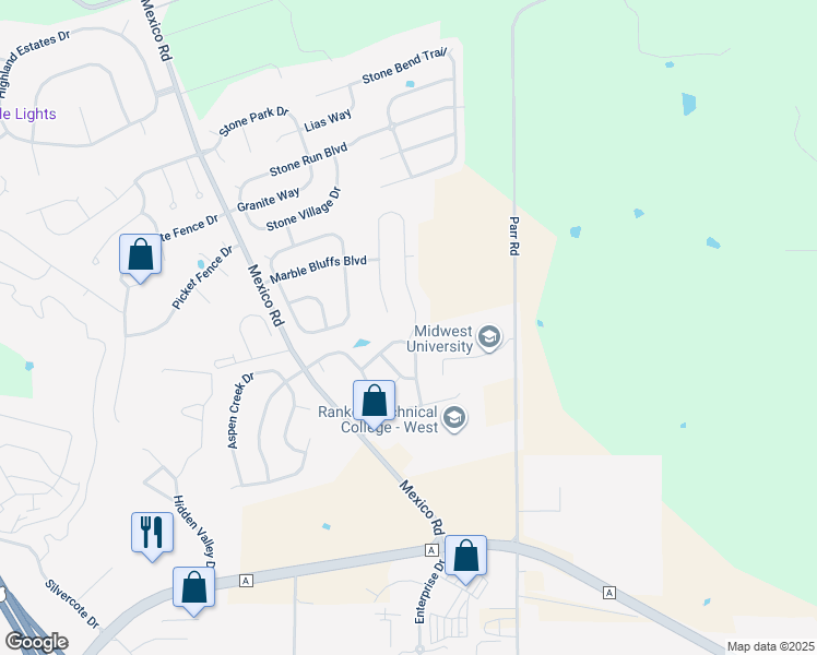 map of restaurants, bars, coffee shops, grocery stores, and more near 403 Honeysuckle Creek Drive in Wentzville