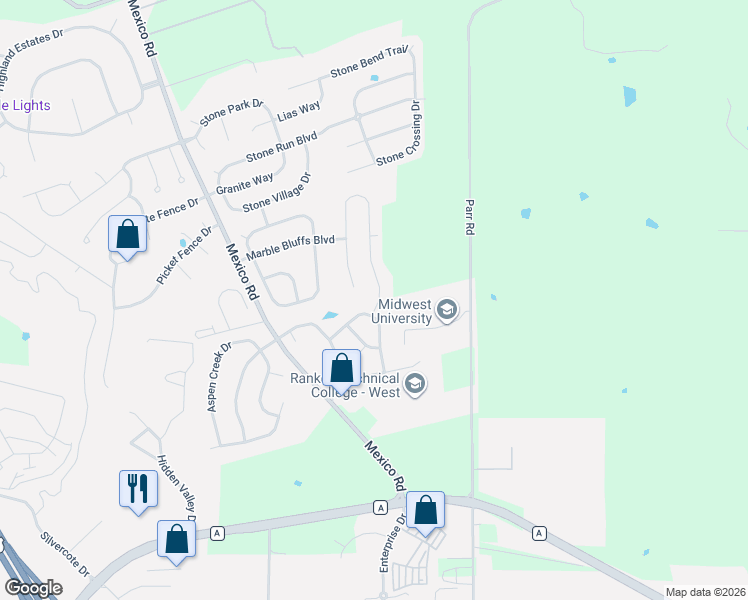 map of restaurants, bars, coffee shops, grocery stores, and more near 411 Honeysuckle Creek Drive in Wentzville