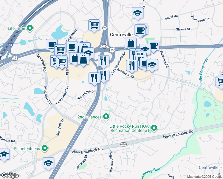 map of restaurants, bars, coffee shops, grocery stores, and more near 14018 Sawteeth Way in Centreville