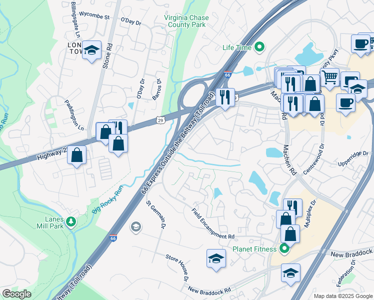 map of restaurants, bars, coffee shops, grocery stores, and more near 14577 Golden Oak Road in Centreville