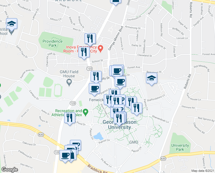 map of restaurants, bars, coffee shops, grocery stores, and more near 4408 Patriot Circle in Fairfax
