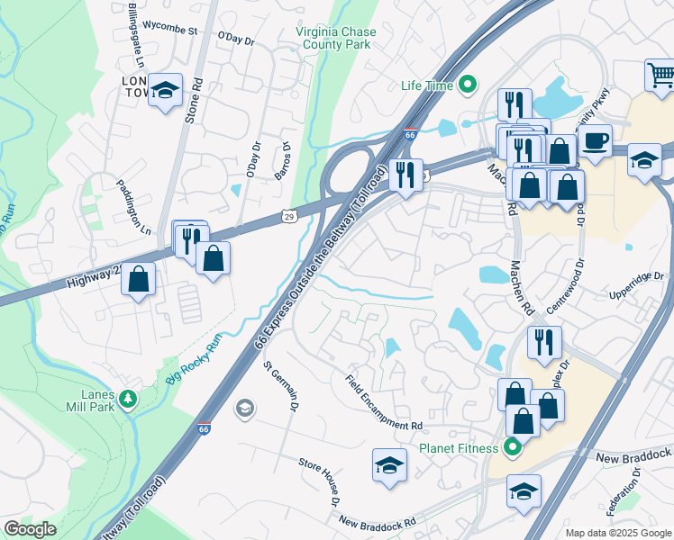 map of restaurants, bars, coffee shops, grocery stores, and more near 14577 Golden Oak Road in Centreville