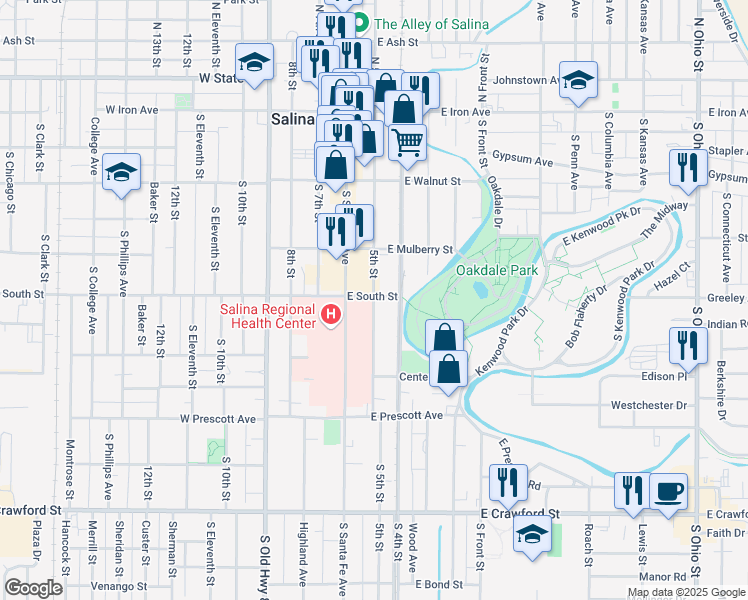 map of restaurants, bars, coffee shops, grocery stores, and more near 400 South 5th Street in Salina