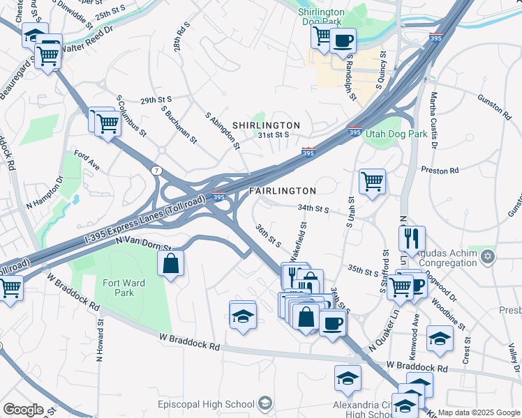 map of restaurants, bars, coffee shops, grocery stores, and more near 4684 34th Street South in Arlington