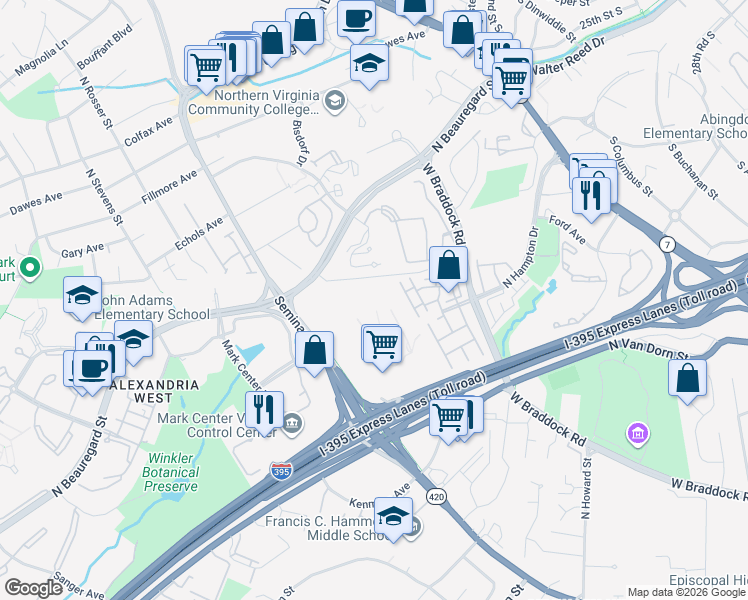 map of restaurants, bars, coffee shops, grocery stores, and more near 5055 Seminary Road in Alexandria