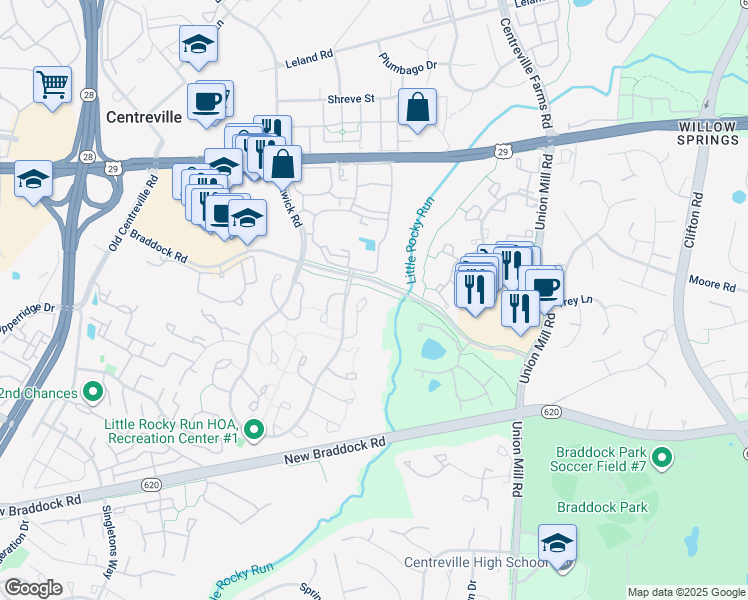 map of restaurants, bars, coffee shops, grocery stores, and more near 5813 Waterdale Court in Centreville