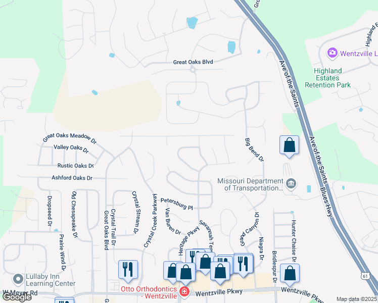 map of restaurants, bars, coffee shops, grocery stores, and more near 810 Railway Circle in Wentzville