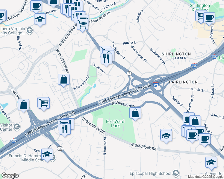 map of restaurants, bars, coffee shops, grocery stores, and more near 3307 Wyndham Circle in Alexandria