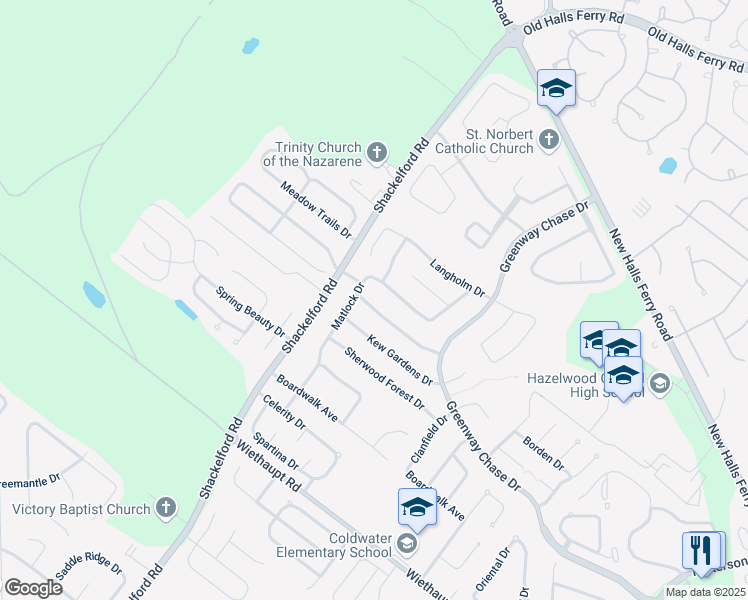 map of restaurants, bars, coffee shops, grocery stores, and more near 1666 Somerset Shire Drive in Florissant