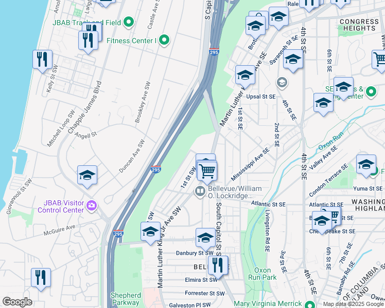 map of restaurants, bars, coffee shops, grocery stores, and more near 3902 2nd Street Southwest in Washington