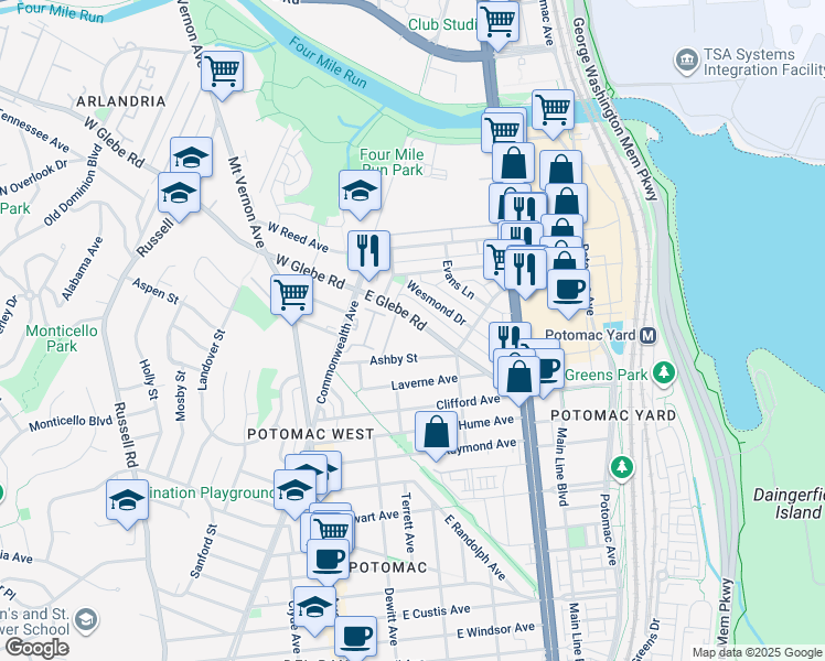 map of restaurants, bars, coffee shops, grocery stores, and more near 115 East Glebe Road in Alexandria