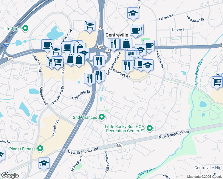 map of restaurants, bars, coffee shops, grocery stores, and more near 14002 Sawteeth Way in Centreville