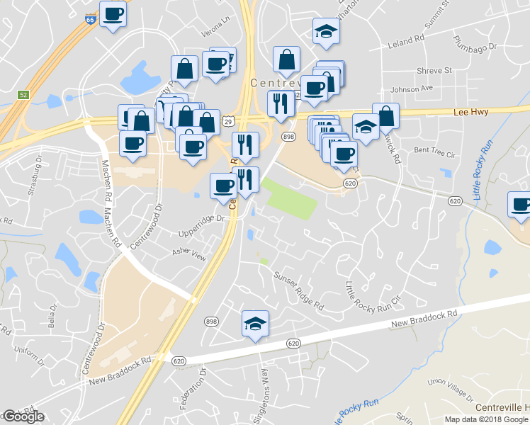 map of restaurants, bars, coffee shops, grocery stores, and more near 14020 Sawteeth Way in Centreville
