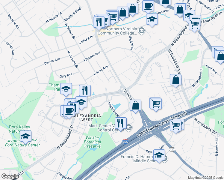 map of restaurants, bars, coffee shops, grocery stores, and more near 2000 North Beauregard Street in Alexandria