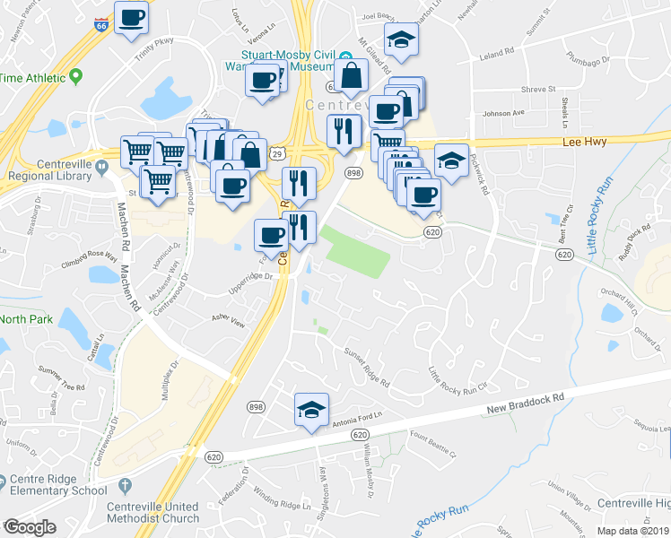 map of restaurants, bars, coffee shops, grocery stores, and more near 14002 Sawteeth Way in Centreville