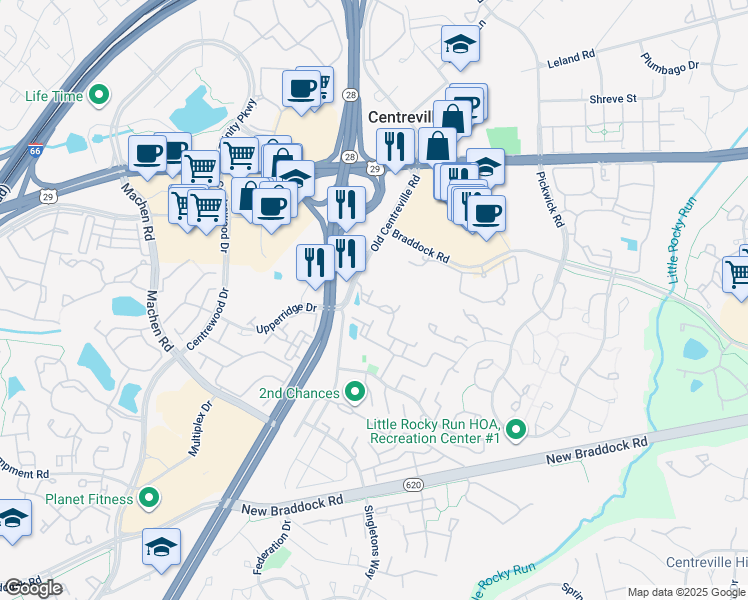 map of restaurants, bars, coffee shops, grocery stores, and more near 14020 Sawteeth Way in Centreville