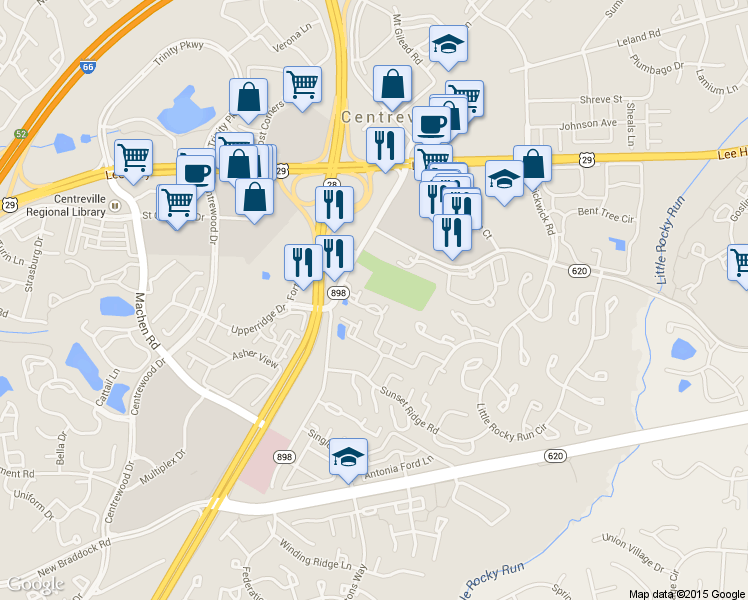 map of restaurants, bars, coffee shops, grocery stores, and more near 14004 Sawteeth Way in Centreville