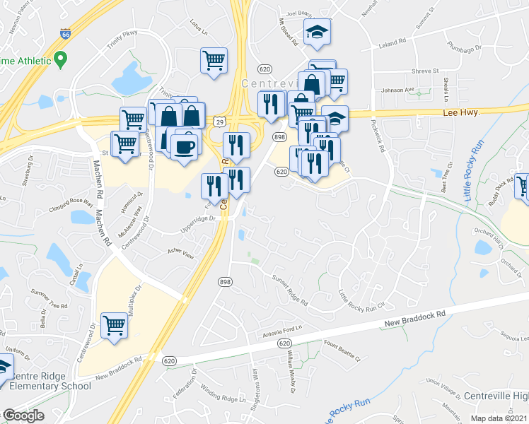 map of restaurants, bars, coffee shops, grocery stores, and more near 14004 Sawteeth Way in Centreville