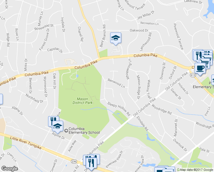 map of restaurants, bars, coffee shops, grocery stores, and more near 4109 Sleepy Hollow Road in Annandale
