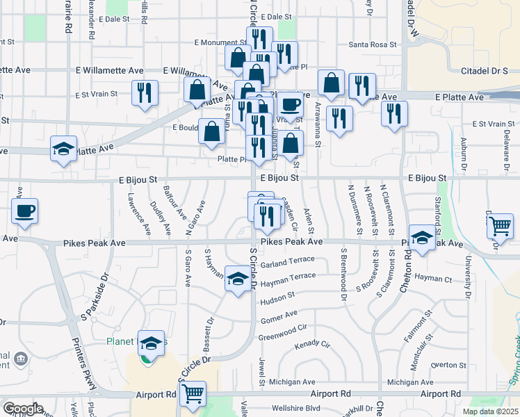 map of restaurants, bars, coffee shops, grocery stores, and more near 2814 Casden Circle in Colorado Springs