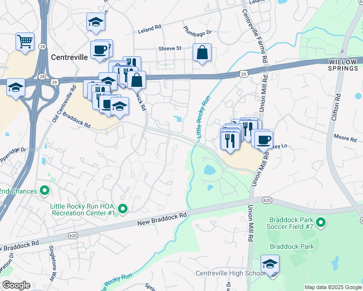 map of restaurants, bars, coffee shops, grocery stores, and more near 5813 Waterdale Court in Centreville