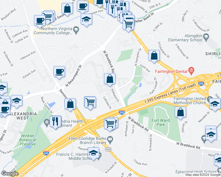 map of restaurants, bars, coffee shops, grocery stores, and more near 4654 Kirkland Place in Alexandria