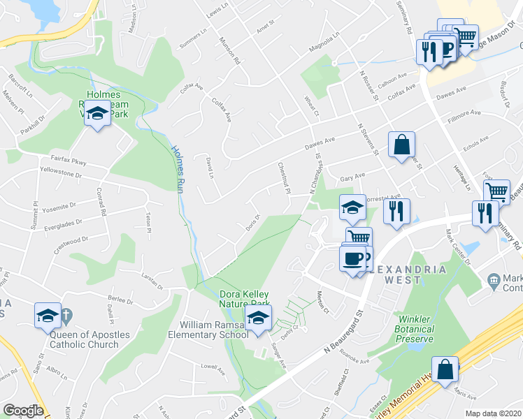 map of restaurants, bars, coffee shops, grocery stores, and more near 5849 Doris Drive in Alexandria