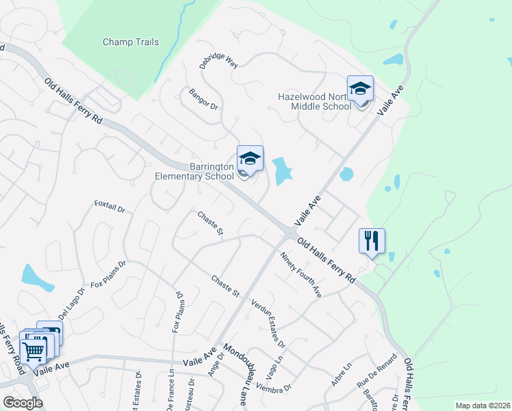 map of restaurants, bars, coffee shops, grocery stores, and more near 4343 Old Halls Ferry Road in Florissant