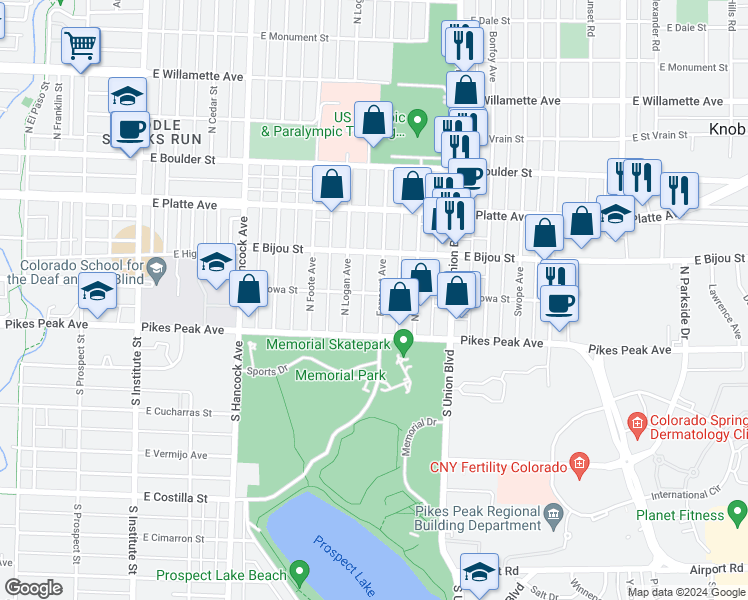 map of restaurants, bars, coffee shops, grocery stores, and more near 111 Farragut Avenue in Colorado Springs