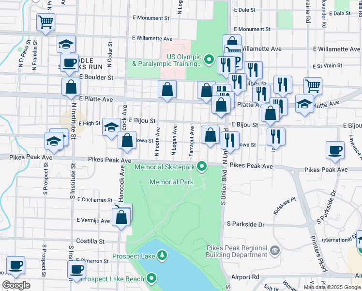 map of restaurants, bars, coffee shops, grocery stores, and more near 111 North Logan Avenue in Colorado Springs