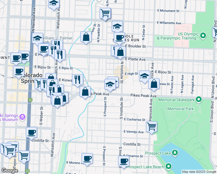 map of restaurants, bars, coffee shops, grocery stores, and more near 822 East Kiowa Street in Colorado Springs