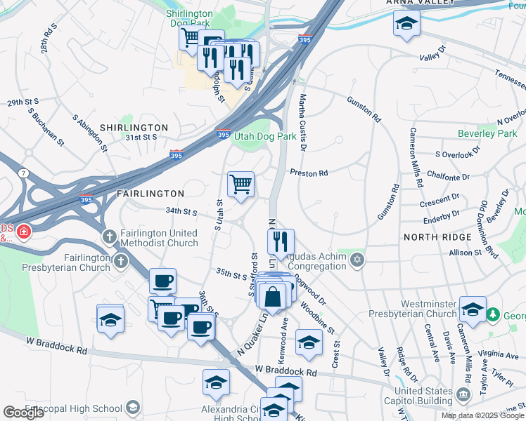 map of restaurants, bars, coffee shops, grocery stores, and more near 3355 South Stafford Street in Arlington