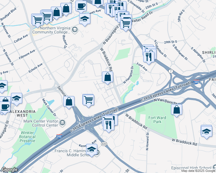 map of restaurants, bars, coffee shops, grocery stores, and more near 4654 Kirkland Place in Alexandria