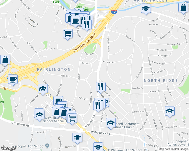 map of restaurants, bars, coffee shops, grocery stores, and more near 3355 South Stafford Street in Arlington