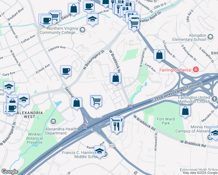 map of restaurants, bars, coffee shops, grocery stores, and more near 2322 Henshaw Place in Alexandria